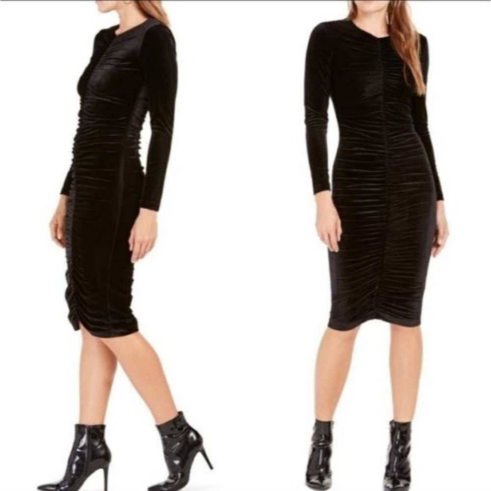 NWT Bardot Black Velvet Ruched Midi sheath Dress